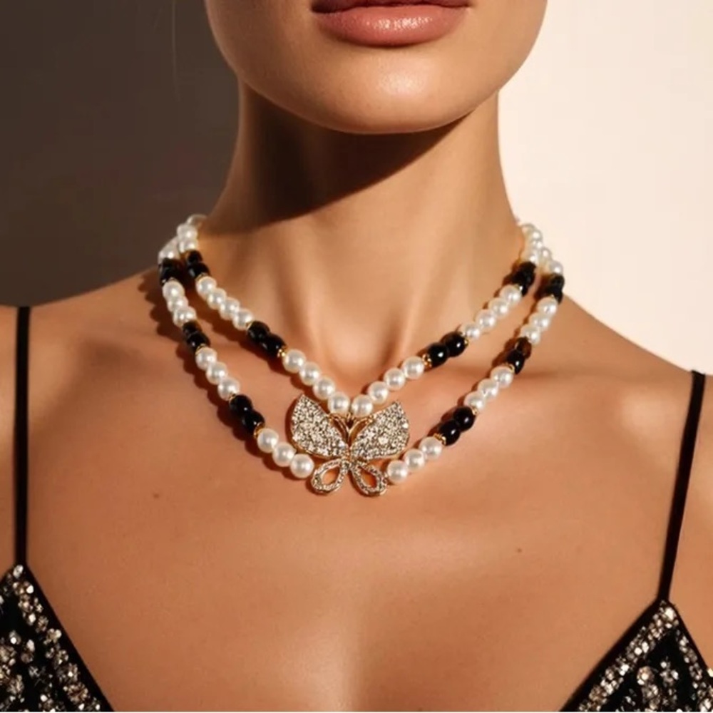 Butterfly Pendant Evening Necklace with Pearls